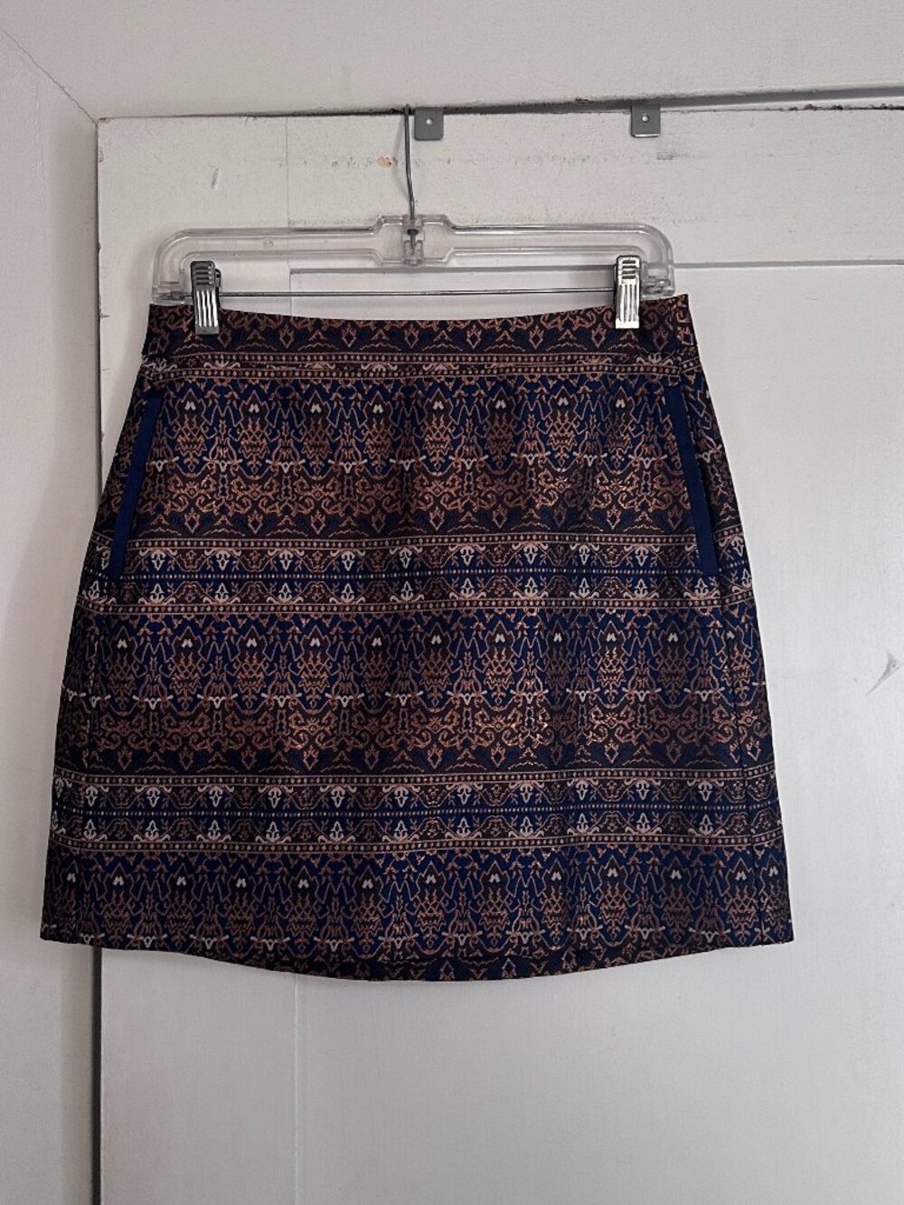 Massimo Dutti Size 8 Navy Copper Jacquard A-Line Mini Skirt Pockets